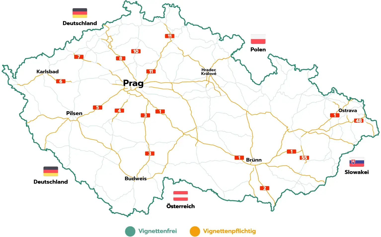 De routekaart in het Tsjechisch